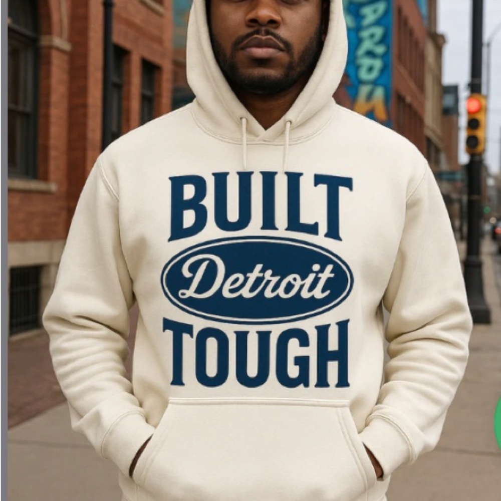 White or Grey Hoodie with 'Built Detroit Tough' Print